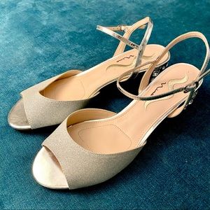 Sparkle and chrome block heels in silver